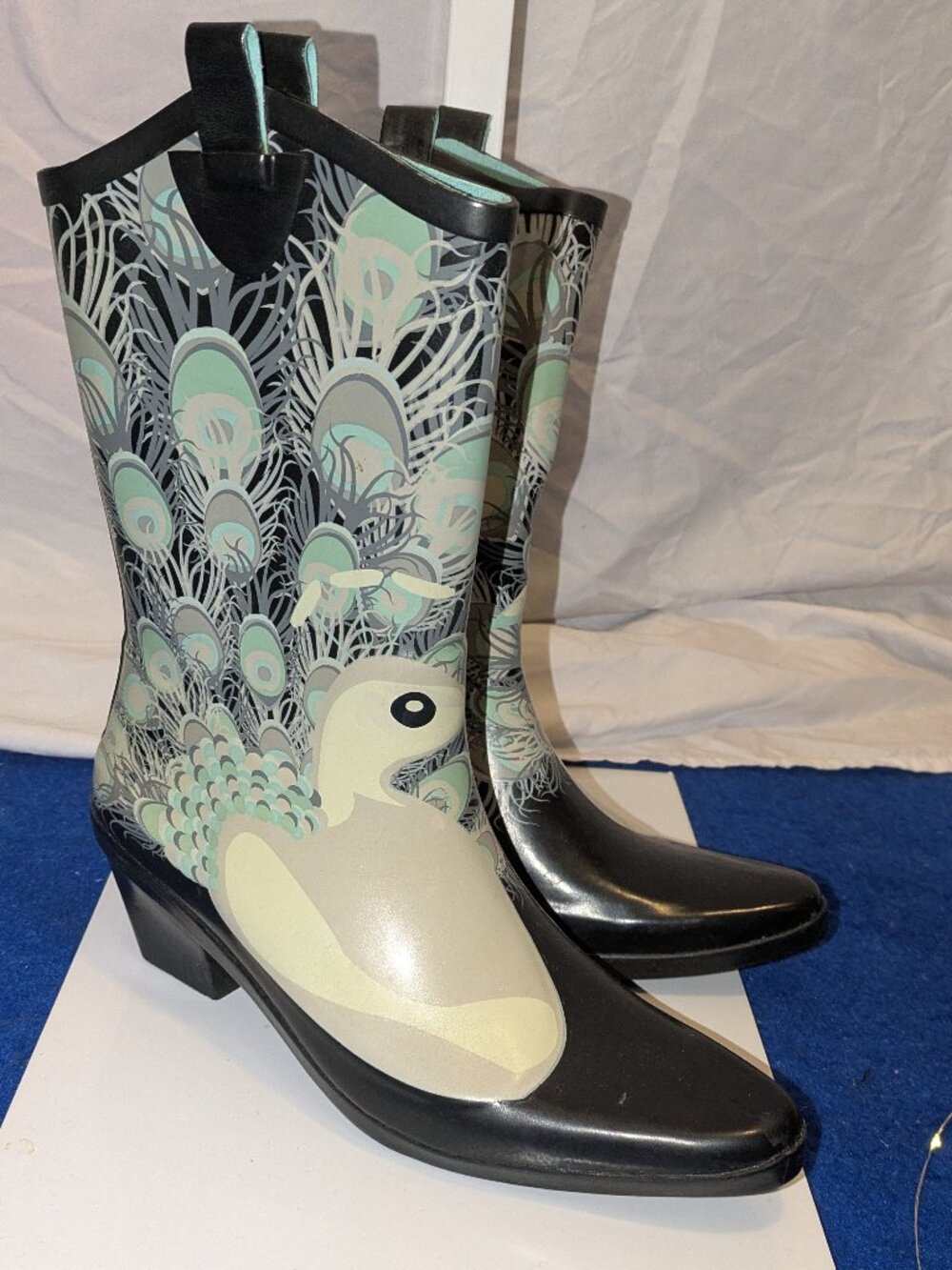 däv Peacock Print Western Rain Boots – Heeled Rubber Cowgirl Boots - Size-9